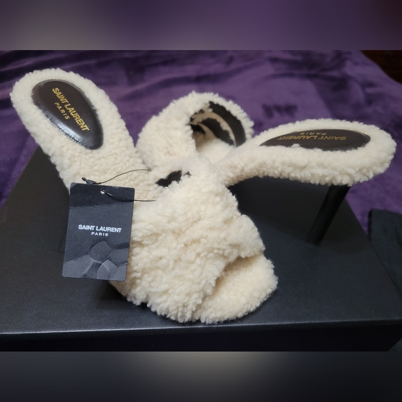 NIB Saint Laurent Tribute Genuine Shearling Heel Sandal - Picture 2 of 12